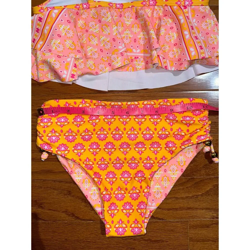 NWT Nicole Miller Girls Pink Orange Paisley 2-Piece Bikini Swim Set Size XL 14